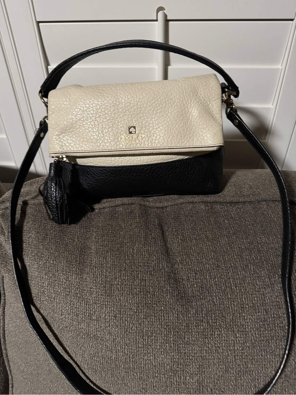 kate spade Two-Tone Black and Cream Shoulder Bag with Tassel